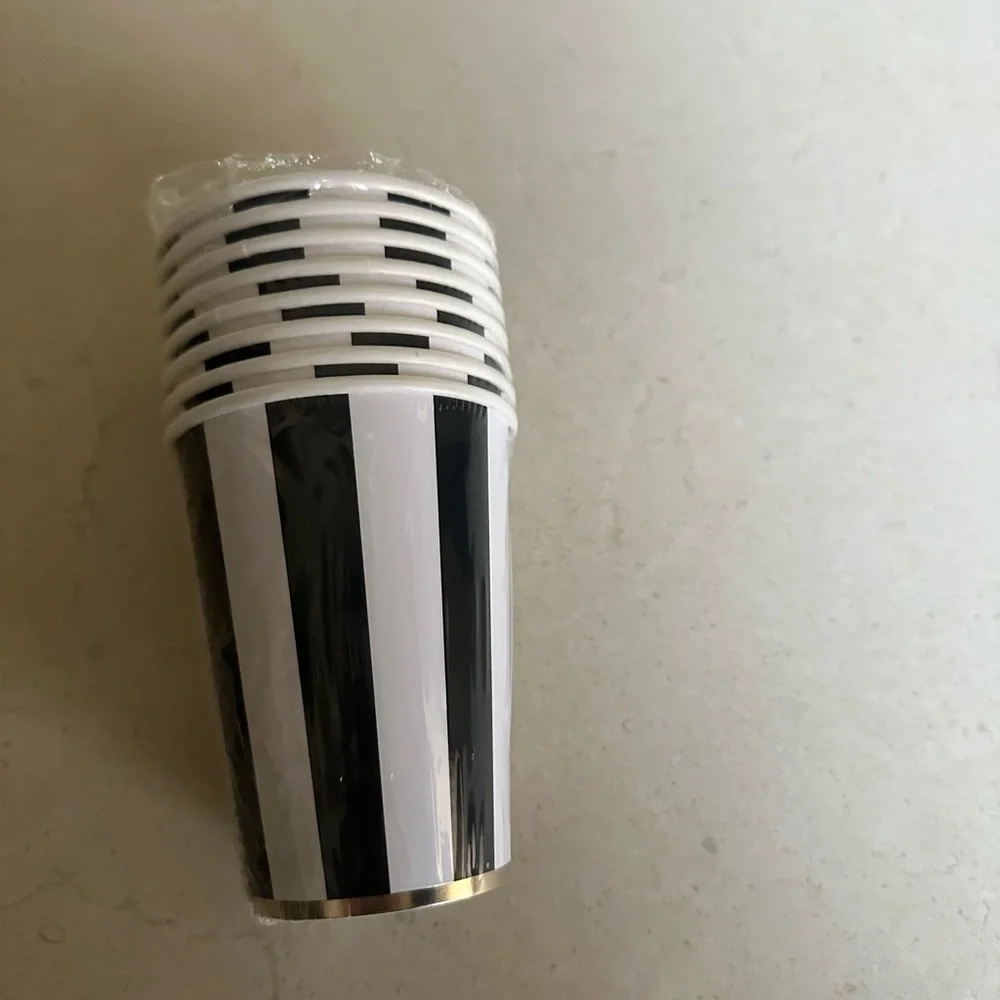 Black & White Stripe Party Cups with Gold Rim - Home Party Supplies